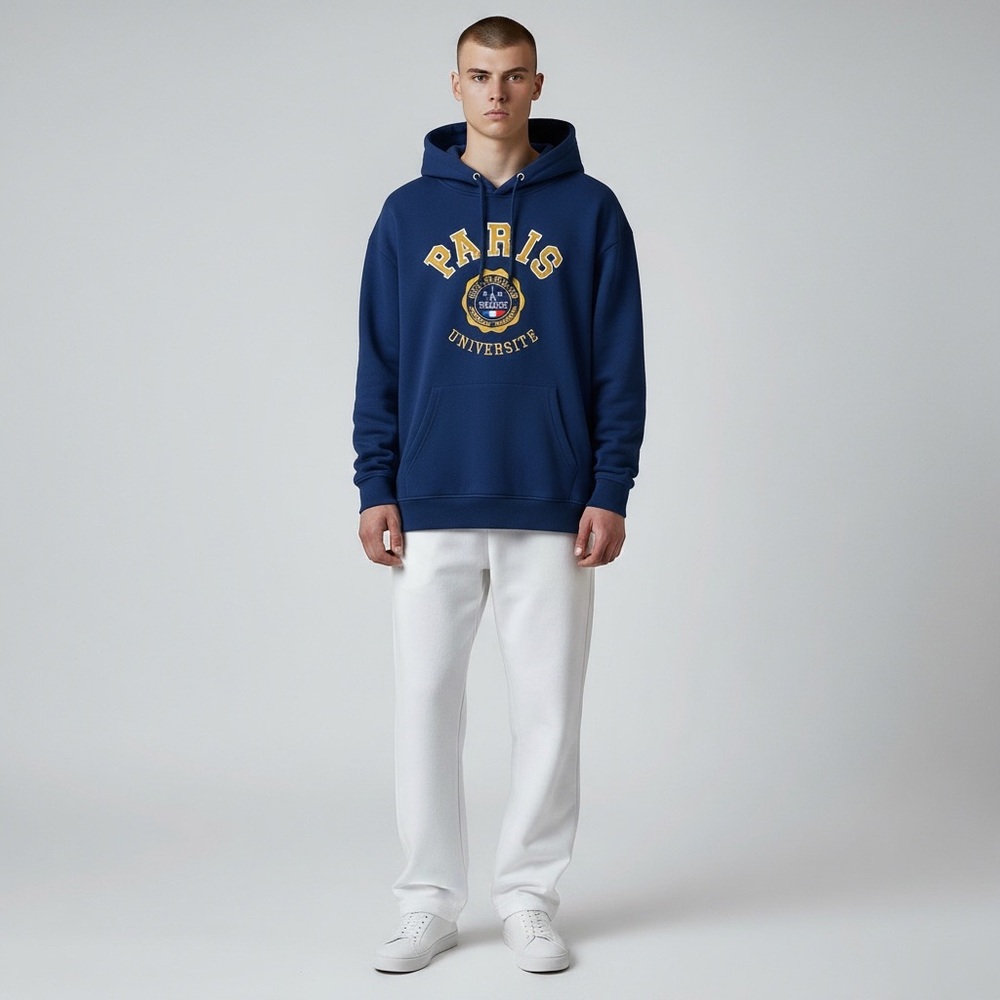 Paris Université Blue Embroidered Graphic Hoodie Streetwear loungewear sporty - Picture 2 of 10